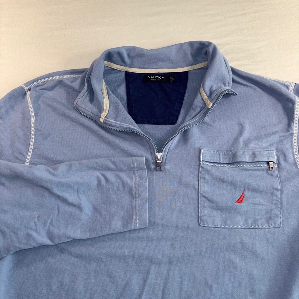 Nautica Mens XXL Light Blue 1/4 Zip Pullover Cotton Jersey Long Sleeve Shirt - Picture 7 of 9